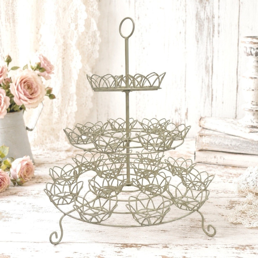 Vtg Wire Cup Cake Stand 3 Tier White 24 Cupcakes Flower Cottage Grannycore Party